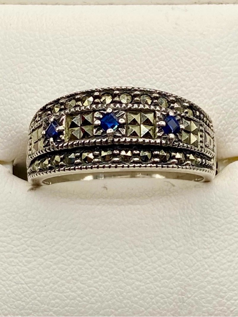 Vintage Sterling Silver Judith Jack Marcasite Stones & Deep Blue Topaz Ring
